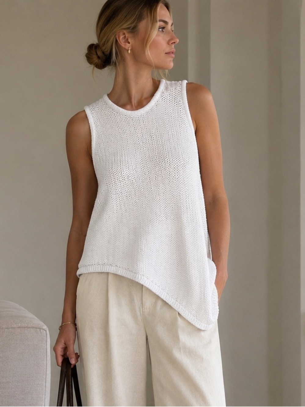 Helmut Lang Luxury Archived Cotton Knit Sweater Vest US L White  Asymmetrical